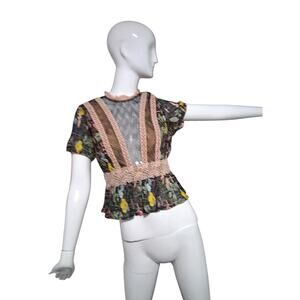 Foxie Dox Lace‎ Mesh Sheer Women's size Small  Romantic Farah Floral Crochet Top